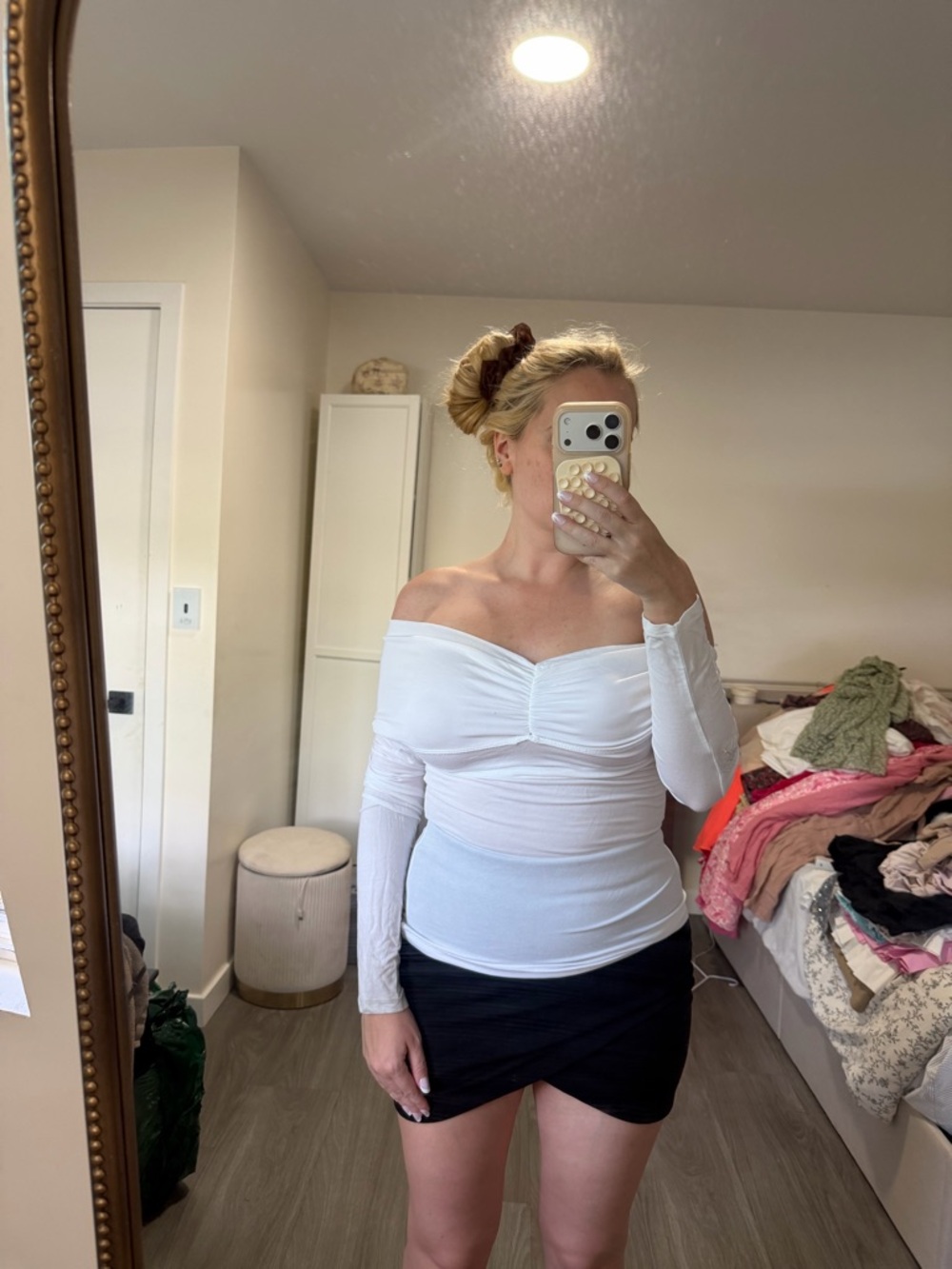 Aritzia Off-Shoulder White Long-Sleeve Ruched Top